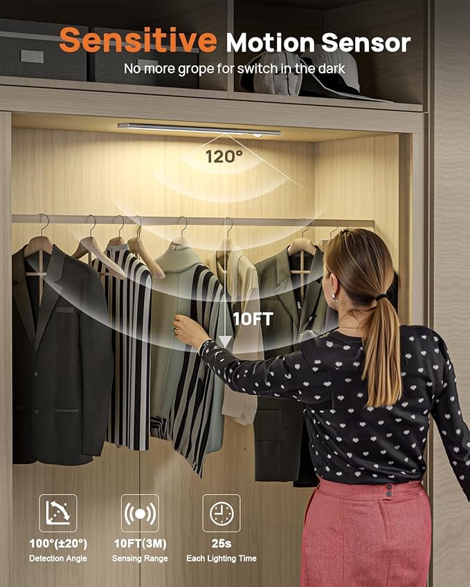 16in Under Cabinet Lighting with Remote, LED Motion Sensor Light Indoor, Rechargeable Closet Lights Wireless, Dimmable, 3 Color Temps, Magnetic Under Counter Lights for Kitchen, Pantry, Stair, 3 Pack