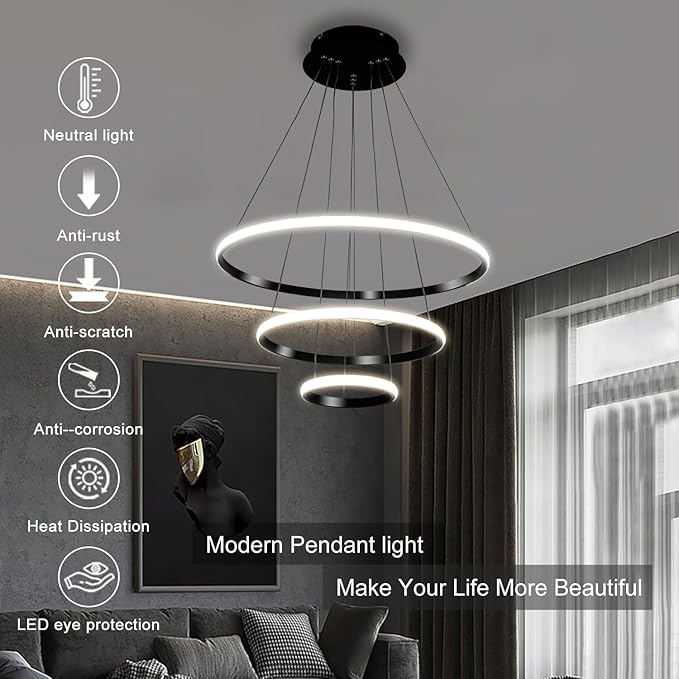 Modern LED Pendant Light, Adjustable Height Circular Entrance Black 3 Ring Circular Chandelier Fixture, Suitable for Restaurants, Kitchens, Islands, Living Rooms, Cafes, Etc. (4000K)