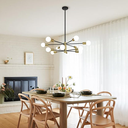 BesLowe 31'' 12-Light Modern Sputnik Chandelier, Mid Century Black & Gold Chandeliers Lighting, Farmhouse Ceiling Hanging Light Fixture for Dining Room Bedroom Room Kitchen Foyer, Height Adjustable