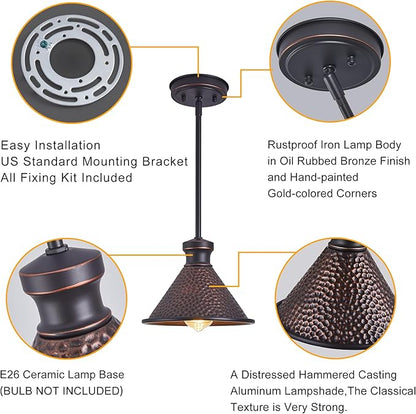 Tarentlight Pendant Light (2 Packs), Kitchen Lights Ceiling Hanging,Oil-Rubbed Bronze Finish, Farmhouse Lighting for Kitchen Island Room,Vintage Hammered Textured Aluminum Shade, Height Adjustable