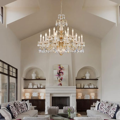 Vintage 2 Layers Crystal Chandelier for High Ceilings, 18-Light Brass Chandelier, Pendant Ceiling Light Fixture for Living Room Hallway Lobby Foyer Entrance Hotel Banquet Hall, Dia 37"