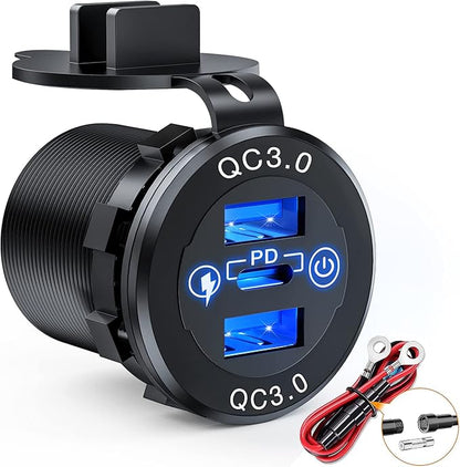 Nilight Dual USB Socket PD Type C and QC3.0 12V 24V Car Outlet ON Off Touch Switch Fused Wire Kit for Cars Trucks RVs Campers