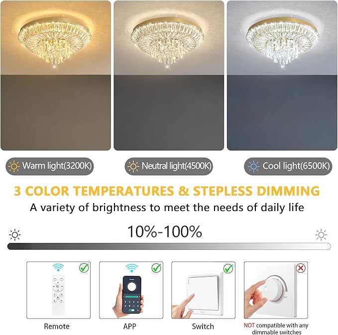 Crystal Chandelier 40W Modern Round Ceiling Light Fixture LED Raindrop Chandeliers Dimmable with Remote for Dining Room Living Room Entryway Hallway Bedroom Gold