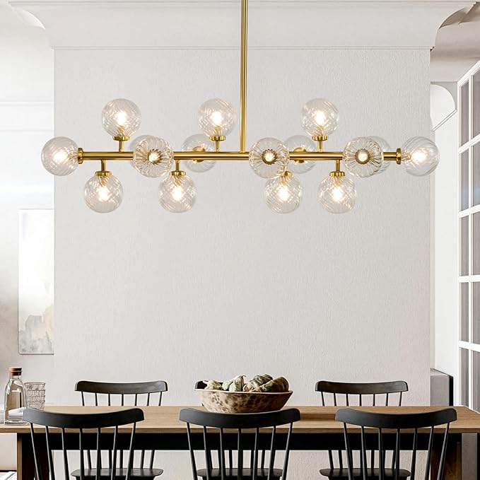 16-Light Mid Century Modern Chandelier: 39.4" Long Linear Gold Sputnik Chandeliers - Swirled Clear Glass Globe Chandelier Dining Room Light Fixture - High Ceiling Kitchen Island Living Room Lighting