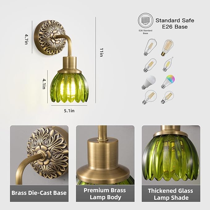 Brass Indoor Hardwired Wall Sconces Set of 2 - Glass Shade, Modern Bedside Lighting for Bedroom, Vanity & Living Room