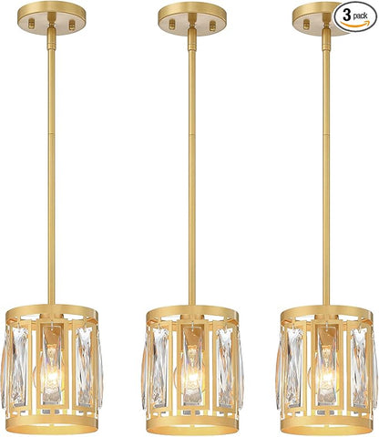 3-Pack Pendant Light Fixtures with K9 Crystals, Kitchen Island Lighting, Dining Room Light Fixture, Mini Chandelier for Kitchen Lights Ceiling, Foyer Lighting Fixtures, Gold Light Fixture