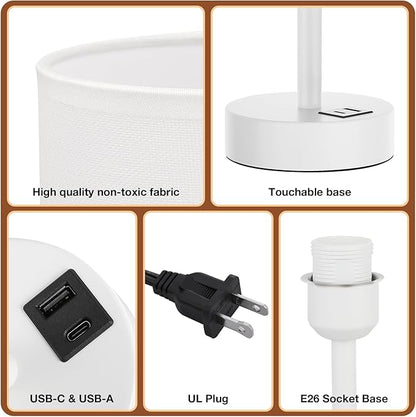 Dicoool White Touch Bedside Lamp for Bedroom - 3 Way Dimmable Table Lamp with USB, Nightstand Lamp with White Charging Station for Desk Dorm, Girl Kids Room, Small