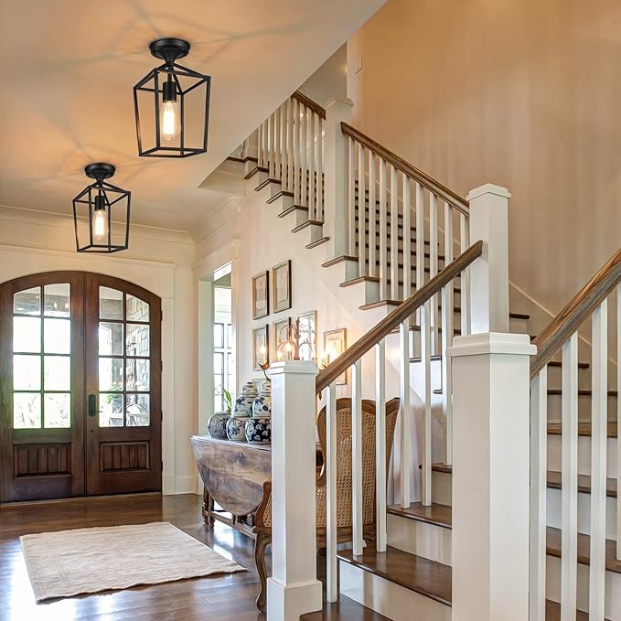 BesLowe 2-Pack Farmhouse Semi Flush Mount Ceiling Light Fixtures for Hallway, Industrial Close to Ceiling Lighting for Entryway Kitchen Foyer Laundry, Black