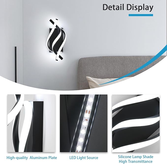AUA LED Wall Sconce, 21W Modern Spiral Wall Sconce Lighting, 6500K Cool White Indoor Wall Light for Bedroom Living Room Office Restaurant Hallway, Wall Mounted Lamp