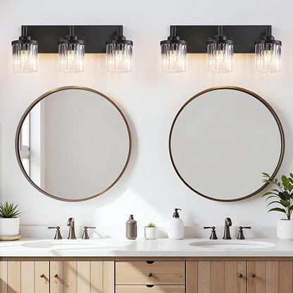 Modern Crystal Bathroom Light Fixtures, 3 Light Black Farmhouse Vanity Lights, with Crystal Glass Shade, Industrial Bathroom Lighting Fixtures Over Mirror Wall Light for Bedroom Living Room
