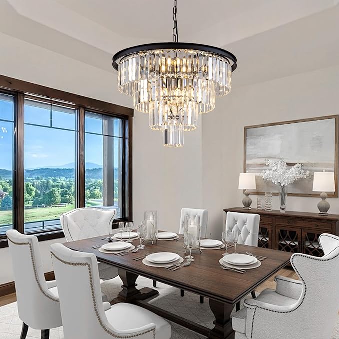 10 Light Black Crystal Chandelier 24'' Modern Round Chandeliers for Dining Room Contemporary Ceiling Pendant Light Fixture 4-Tier Adjustable Height E12 for Living Room Foyer Entryway