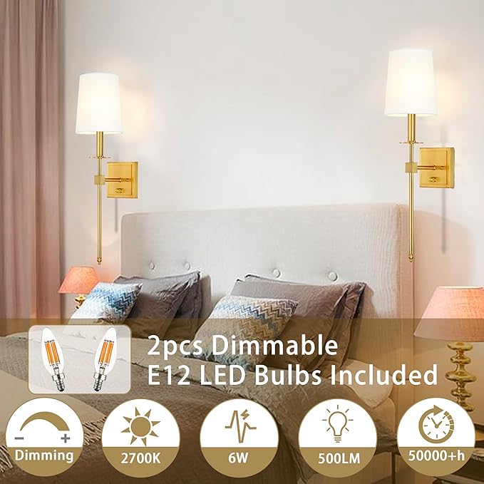 Untrammelife Gold Wall Sconces Set of Two, Farmhouse Sconces Wall Lighting with Dimmer ON/Off Switch, Industrial Hardwired Wall Lamps for Bedrooms, Living Room, Bathroom, Vanity (Bulbs Included)