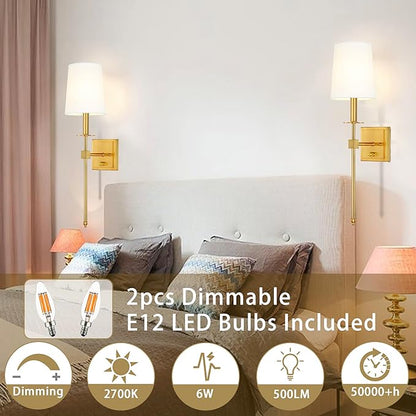 Untrammelife Gold Wall Sconces Set of Two, Farmhouse Sconces Wall Lighting with Dimmer ON/Off Switch, Industrial Hardwired Wall Lamps for Bedrooms, Living Room, Bathroom, Vanity (Bulbs Included)