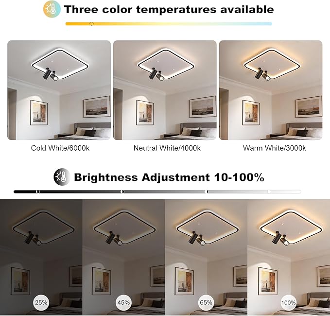 Shine LUEST Modern Square LED Flush Mount Ceiling Light Fixture, 2 Adjustable Spotlights, Black Frame White Shade Minimalist Lighting for Living Room Bedroom Kitchen
