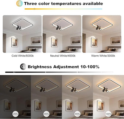 Shine LUEST Modern Square LED Flush Mount Ceiling Light Fixture, 2 Adjustable Spotlights, Black Frame White Shade Minimalist Lighting for Living Room Bedroom Kitchen
