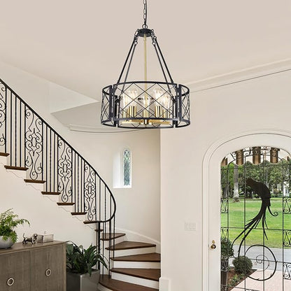 21'' Farmhouse Chandelier, 5-Light Black and Gold Dining Room Light Fixture Over Table, Rustic Industrial Drum Hanging Pendant Lights Fixture for Kitchen Island Living Room Bedroom Hallway Entryway
