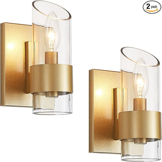 WUZUPS Set of 2 1-Light Bathroom Wall Light Fixture Over Mirror Class Shade Morden Vanity Scones for Bathroom Bedroom Living Room, E12 Base, Gold