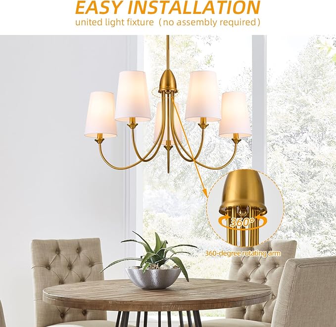 Gold Chandeliers for Dining Room,5-Light Farmhouse Dining Room Light Fixture with White Fabric Shade,30" Modern Industral Chandelier for Bedroom Foyer Living Room Kitchen.