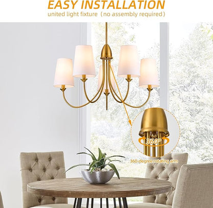 Gold Chandeliers for Dining Room,5-Light Farmhouse Dining Room Light Fixture with White Fabric Shade,30" Modern Industral Chandelier for Bedroom Foyer Living Room Kitchen.