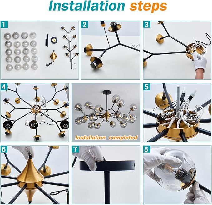 hesoge 20 Light Extra Large Sputnik Chandelier Mid Century Modern Black and Gold Ceiling Light Fixture with Glass Globe Pendant Light Hanging for Dining Room Kitchen Living Room Foyer.