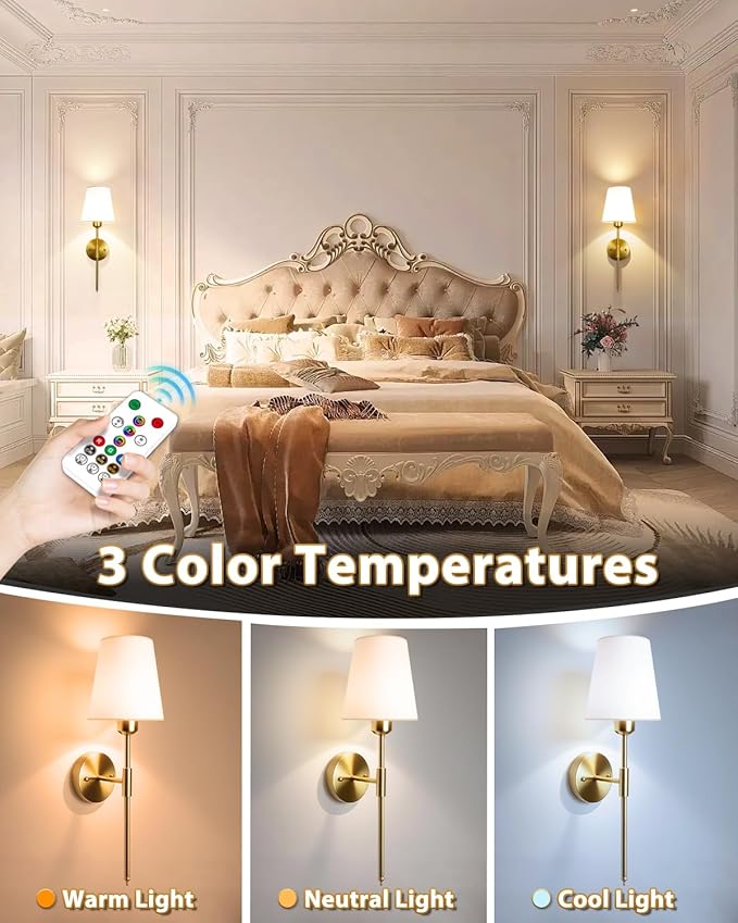 Adetu Battery Operated Wall Sconce Set of 2, Gold Wireless Battery Wall Lights with 10000mAh RGB Dimmable Magnetic Bulbs and Remote Control, Rechargeable Wall Sconce for Bedroom Living Room Hallway