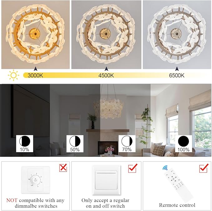 Flower Elegant Crystal LED Chandelier D20’’ Brushed Gold Contemporary for Dining Room Dimmable Flush Mount High Ceiling Chandeliers with Remote Control for Entryway Bedroom(3000K-6500K)