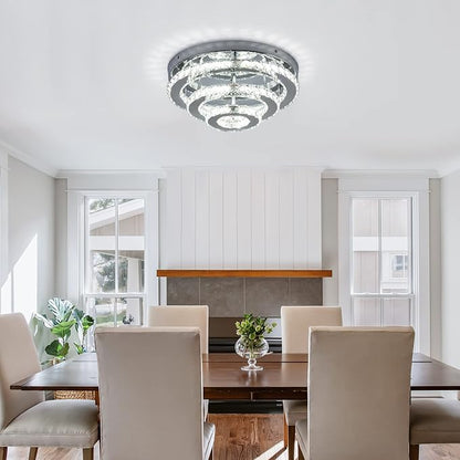 13.8" Flush Mount Chandelier LED Crystal Ceiling Light Fixture 3 Tier Ring Crystal Chandeliers for Bedrooms Dining Room Living Room,3 Colors Adjustable