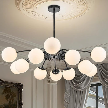 Longree 12-Light Black and White Sputnik Chandeliers with Blossom Accent Milk Glass Bubble Pendant Lighting, Mid Century Opal Glass Ceiling Light Fixture for Dining Hallway Living