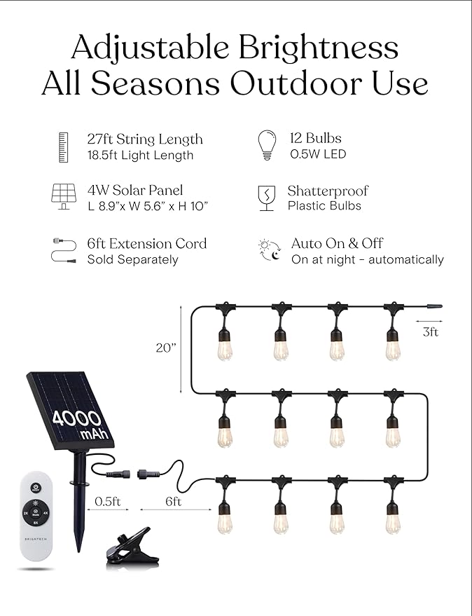 Brightech Ambience Pro Super Bright Solar - 27Ft Remote Control Outdoor String Lights, Shatterproof S14 Edison Bulbs, Commercial Grade LED, Waterproof Patio Lights for Deck, 4W Soft White, 12 Bulbs