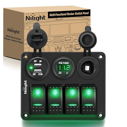 Nilight 4Gang Rocker Switch Panel with USB Charger Voltmeter and Cigar Lighter 12V 24V Toggle ON Off Green Night Glow Stickers for Cars Rvs Trucks