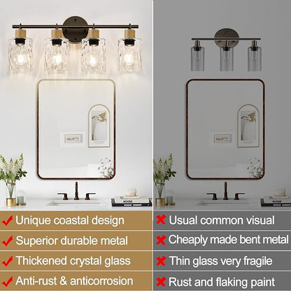 MOKATNG Bathroom Light Fixtures, 4-Light Coastal Vanity Lights with Crystal Glass Shade, Oil-Rubbed Bronze Bathroom Wall Lamp for Mirror Kitchen Hallway Cabinet