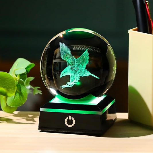 Arikyrist 3D Eagle Figurine Crystal Ball with Colorful Light Base, Eagle Gifts for Women Men, Modern Home Office Decor