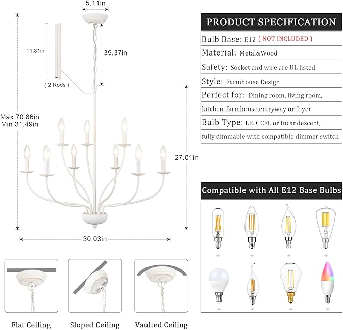 9-Light White Chandeliers for Dining Room 30 Inch Foyer Chandeliers for High Ceilings Candle Chandeliers Lighting Fixtures Mid Century Chandelier for Living Room Bedroom Kitchen Island Foyer
