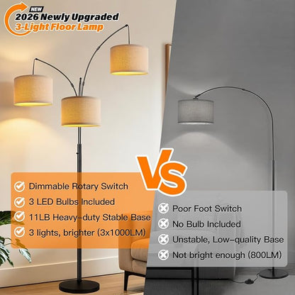 Dimmable 3 Lights Floor Lamp - 3000LM Super Bright Arc Floor Lamps for Living Room, Modern Tall Standing Lamp With Beige Shades, Mid Century Tree Floor Lamp for Bedroom Office, 3 LED Bulbs Included