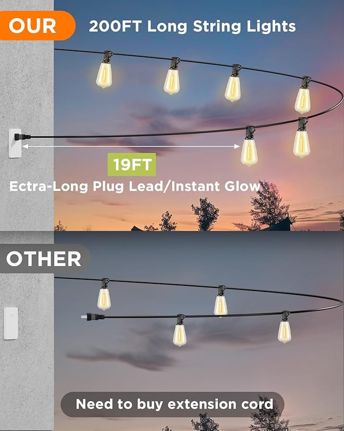 VOLIVO 200FT Outdoor String Lights for Patio, Waterproof Hanging Lights with 65+2 Shatterproof ST38 Edison Bulbs, Dimmable & Connectable Outside String Light for Backyard, Deck, Porch, Balcony