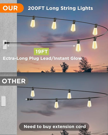 VOLIVO 200FT Outdoor String Lights for Patio, Waterproof Hanging Lights with 65+2 Shatterproof ST38 Edison Bulbs, Dimmable & Connectable Outside String Light for Backyard, Deck, Porch, Balcony