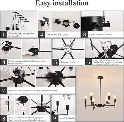 ASGYISA 6-Ceiling Light Black Sputnik Chandelier Metal Modern Semi Flush Mount Fixture Pendant Lights Industrial Farmhouse for Bedroom Kitchen Dining Room Living Room Laundry Room E26 Base
