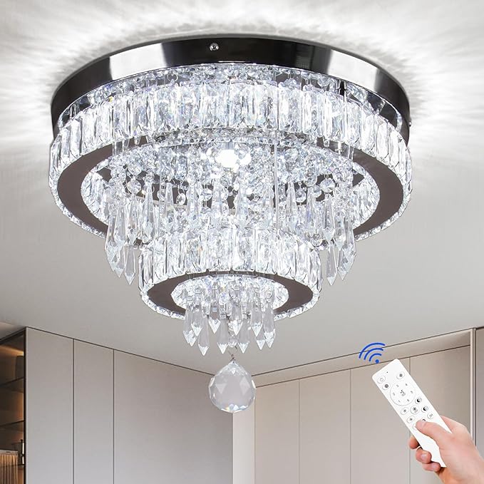 Crystal Chandeliers Modern Crystal Chandelier Flush Mount Ceiling Light Fixture with Remote Control for Bedroom Dining Room Living Room (16 inch Dimmable)