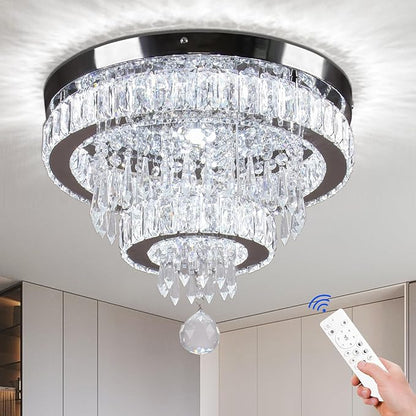 Crystal Chandeliers Modern Crystal Chandelier Flush Mount Ceiling Light Fixture with Remote Control for Bedroom Dining Room Living Room (16 inch Dimmable)