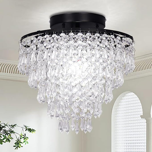 FRIXCHUR 11.8" Small Crystal Chandelier Light Fixture Mini Crystal Ceiling Light 5 Tiers Raindrops Black Chandeliers for Bedroom Hallway Closet, E26 Base