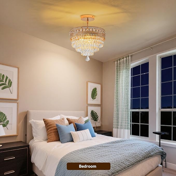 Modern Crystal Chandelier, Farmhouse Ceiling Light, Flush Mount Light Fixture,11.8W x 9H inches, 4-Layer K9 Crystal, Indoor Ceiling Light Pendant for Bedroom, Hallway, Closet (Gilded Antique)