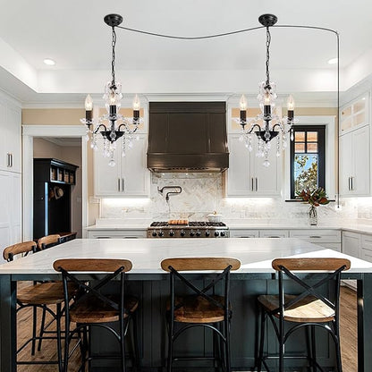 Plug in Chandelier with Glass Crystals, 3-Light Black Miniature Crystal Chandelier, Modern Antique Pendant Light for Small Spaces, Bedroom Kitchen Island Entryway Covered Patio, E12 Base