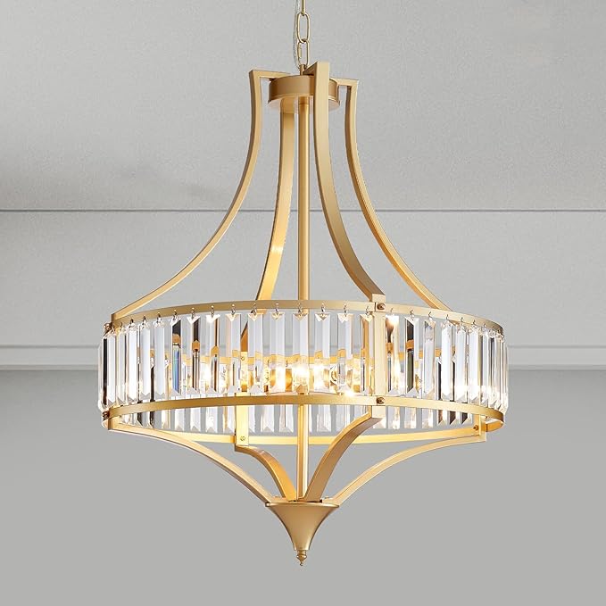 21.6" Gold Crystal Chandeliers Modern Vintage Chandelier with Round Metal Shade Art Deco 6-Light Large Dining Room Light Fixture for Kitchen, Dining Room, Hallway, Bedroom, Foyer
