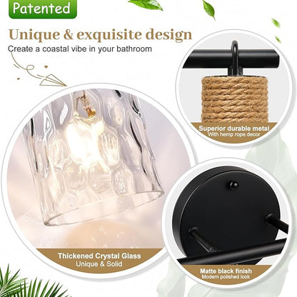 MOKATNG Bathroom Light Fixtures, 2-Light Coastal Vanity Lights with Crystal Glass Shade, Brown and Gold Bathroom Wall Lamp for Mirror Kitchen Hallway Cabinet