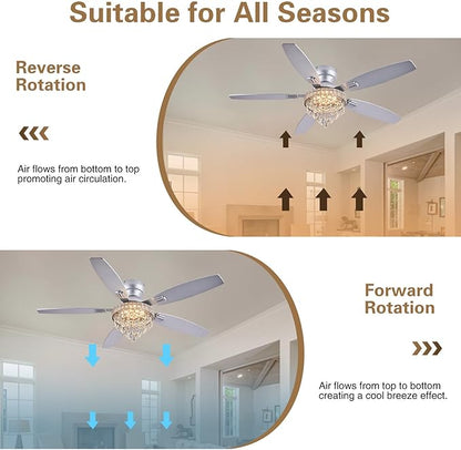 Crystal Ceiling Fan Fandelier with Lights-Ceiling Fans with Lights,54" Low Profile and Remote Control, Flush Mount, Reversible, Dimmable, Noiseless, Sliver Ceiling Fan for Bedroom