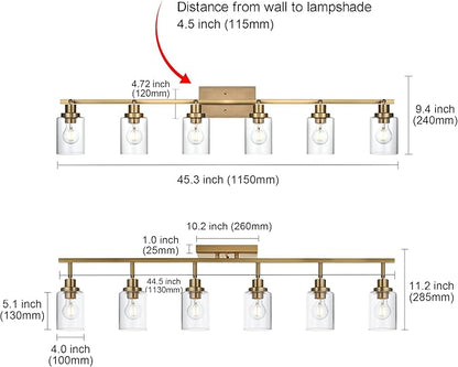 MELUCEE 6 Light Bathroom Vanity Light Fixtures Multi-Directional Rotating Track Lighting Kit Brass, 45.3 Inch Ceiling Spotlight Fixture for Kitchen Foyer Bath, Clear Glass Shade