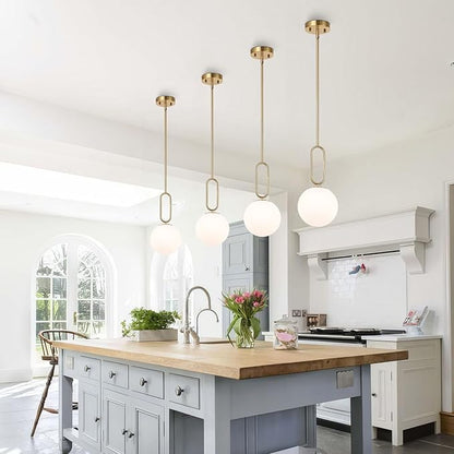 Modern Gold Globe Pendant Light White Globe Glass Shade 2 Pack Brushed Brass Finished Adjustable Rods Hanging Light Fixtures for Kitchen Island Living Room