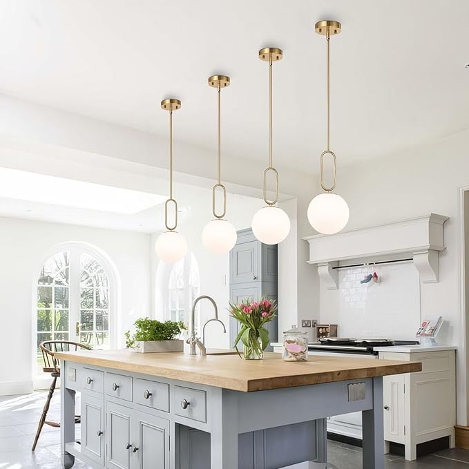 Modern Gold Globe Pendant Light White Globe Glass Shade Brushed Brass Finished Adjustable Rods Hanging Light Fixtures for Kitchen Island Living Room
