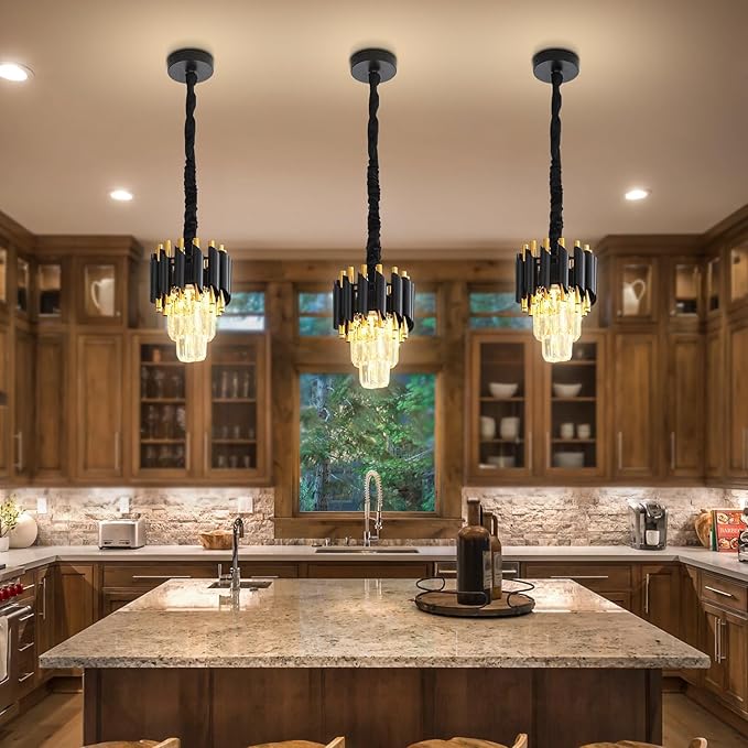 Modern Black Crystal Chandelier 2-Tier Round Pendant Lighting Light Fixture Chandelier for Kitchen Island Entryway Bathroom BedHead Bedroom