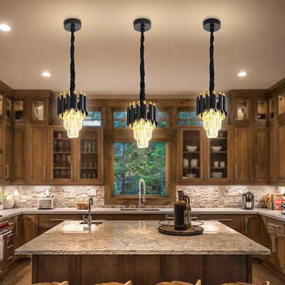 Modern Black Crystal Chandelier 2-Tier Round Pendant Lighting Light Fixture Chandelier for Kitchen Island Entryway Bathroom BedHead Bedroom